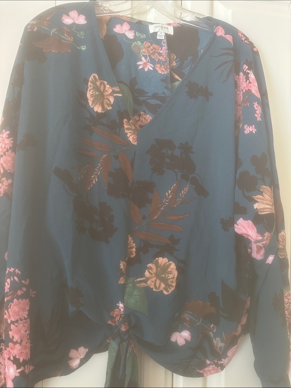 Umgee Teal Floral Tie-Front Skirt with Pink & Brown Accents
